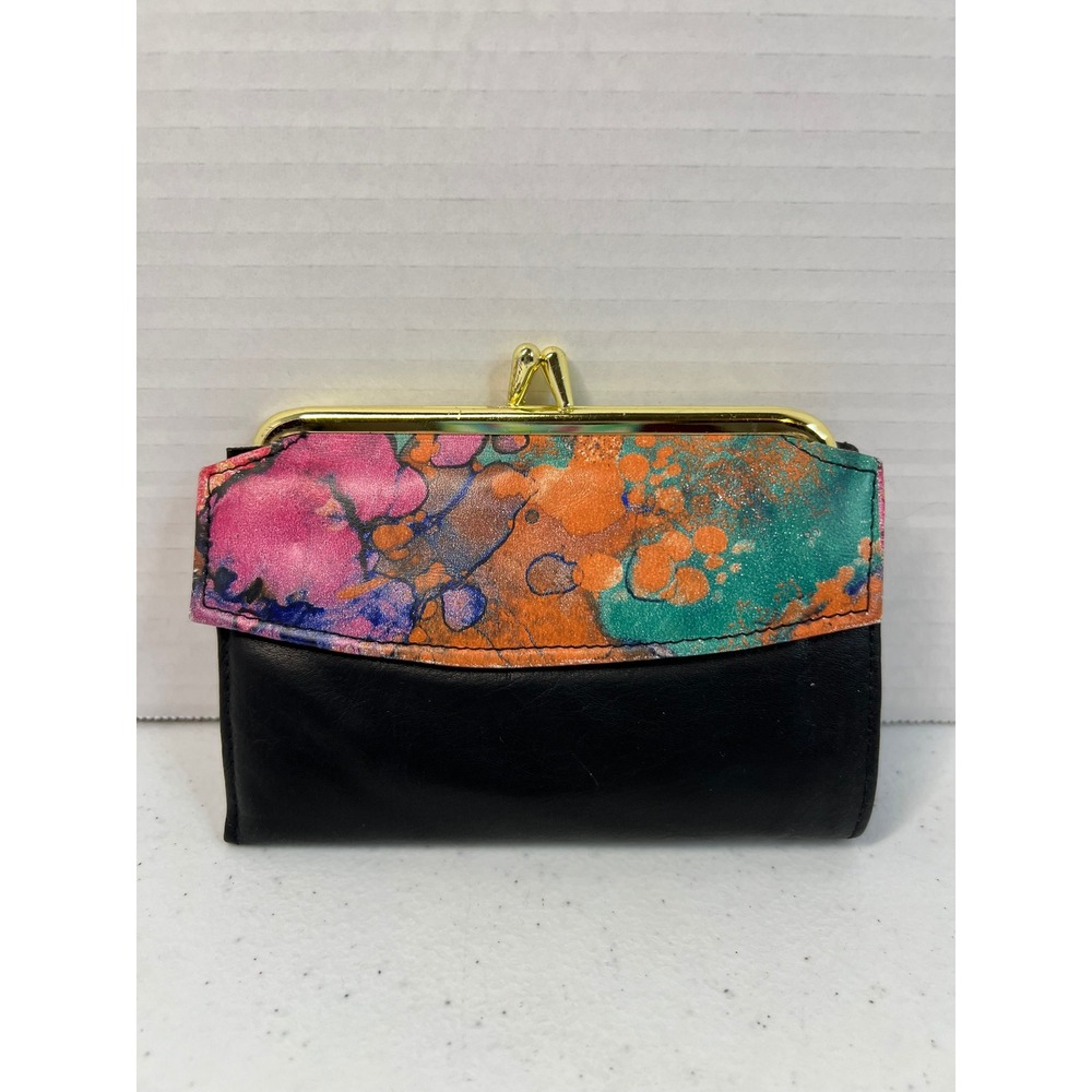 Crazy Lady Creations Black Leather Wallet Abstract Paint Splatter Kiss Lock Y2K
